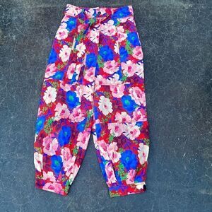 Zara floral high waisted joggers tropical red blue women’s size XS belt